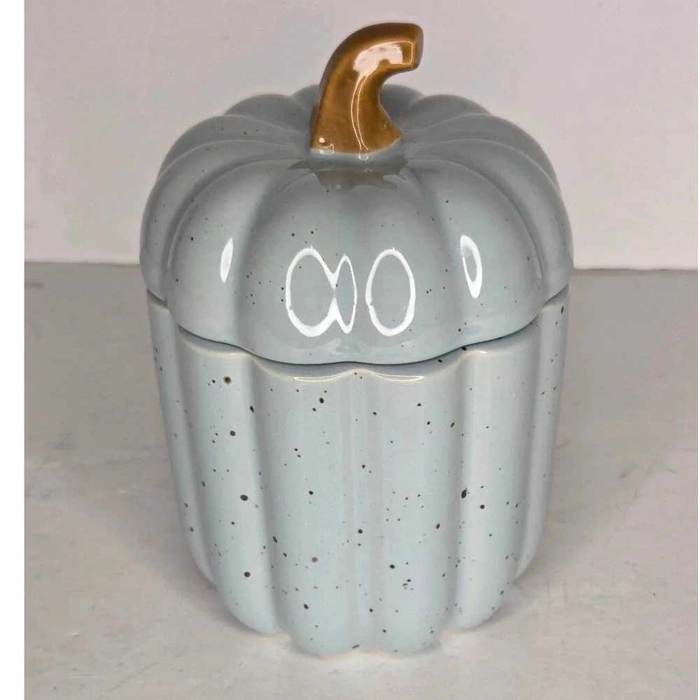 10 Strawberry Street Blue Speckled Ceramic Pumpkin‎ Shaped Canister Jar Fall